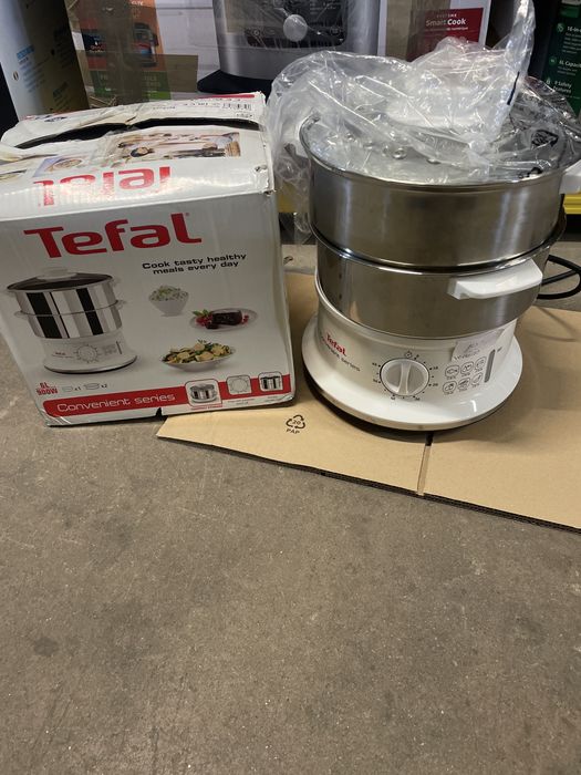 Aparat de gătit cu aburi Tefal Convenient Series VC145130, 2 vase, cronometru mecanic, 2 accesorii, 6 L, inox, alb