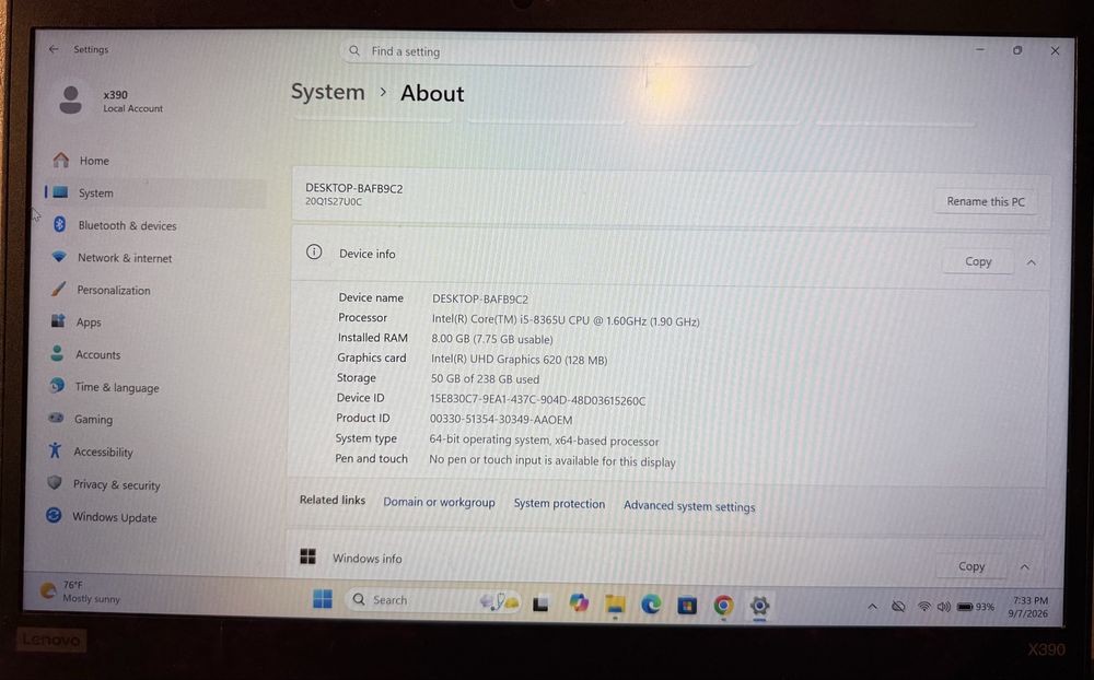 Lenovo ThinkPad X390 – i5-8365U, 8GB RAM, 256GB SSD, Windows 11 Pro