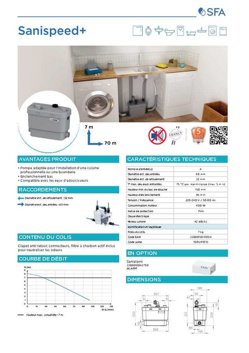 Pompă de ridicare SFA Sanispeed+ 4 intrări, Debit mare Angrenaj redus
