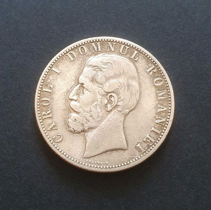 Moneda 5 lei 1880 argint, varianta cu gravorul pe cercul perlat.