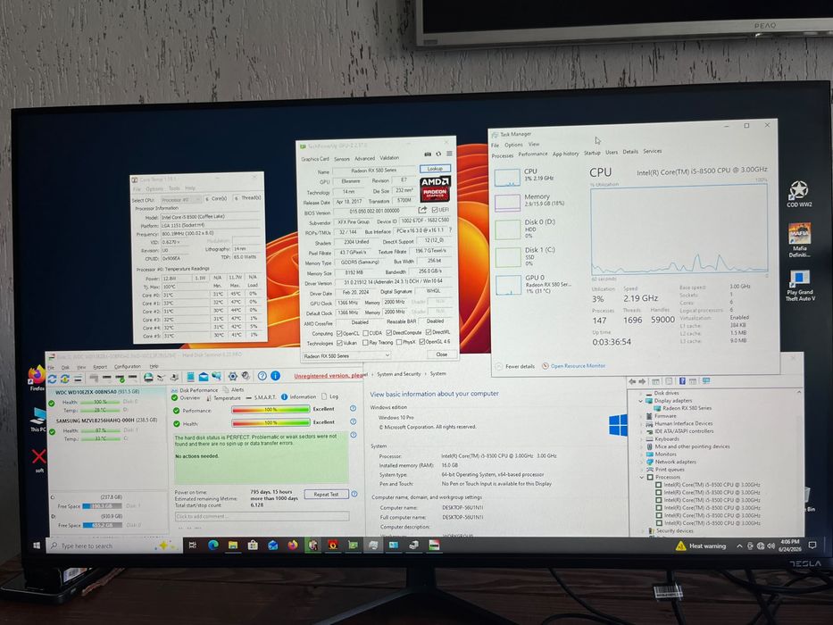 Unitate pc Gaming i5 16gb ram, TPM 2.0 nativ ssd m2 Nvme video AMD 8 gb