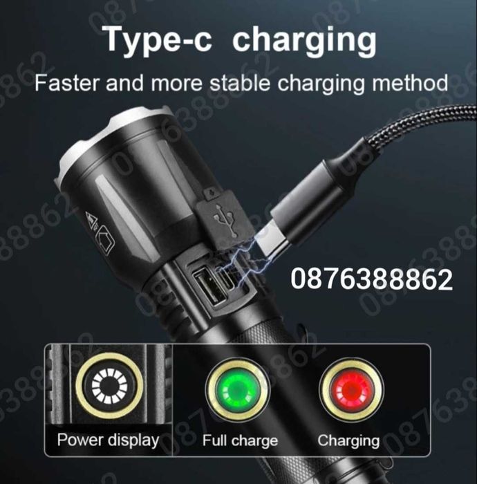 ПРОМО! Мощен лед фенер 900000 лумен POLICE, USB, акумулаторен, зуум