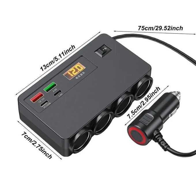 Разклонител за запалка 12V/24V 120W с 4 гнезда USB Type-C и волтметър