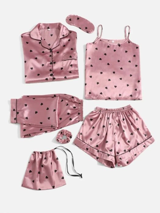 Комплект пижама от 7 части сатен риза потник къси панталонки ластик