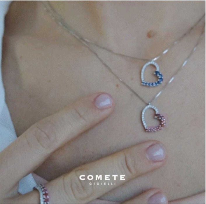 LANT + PANDANTIV AUR alb 18K + 16 Diamante + 9 Rubine - INIMA - COMETE