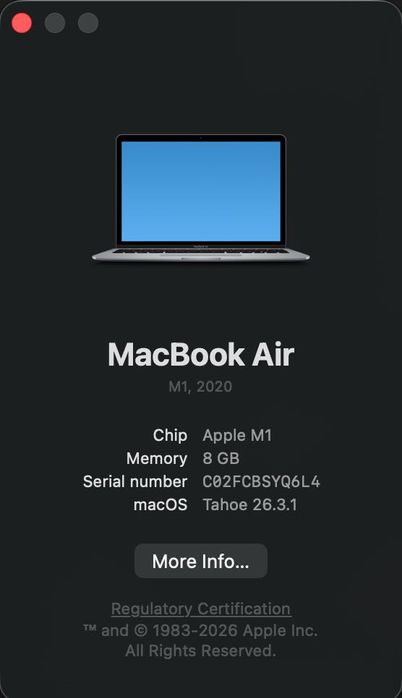 MacBook Air M1 13", 8GB, 256GB, baterie 88%, 329 cicluri încărcare