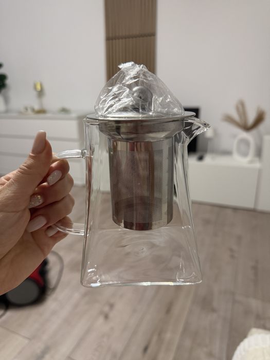 Infuzor de ceai/cafea din metal si sticla termorezistenta model patrat