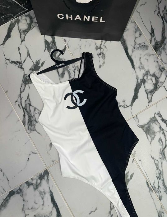 цял бански шанел черен бял боди лукс топ chanel