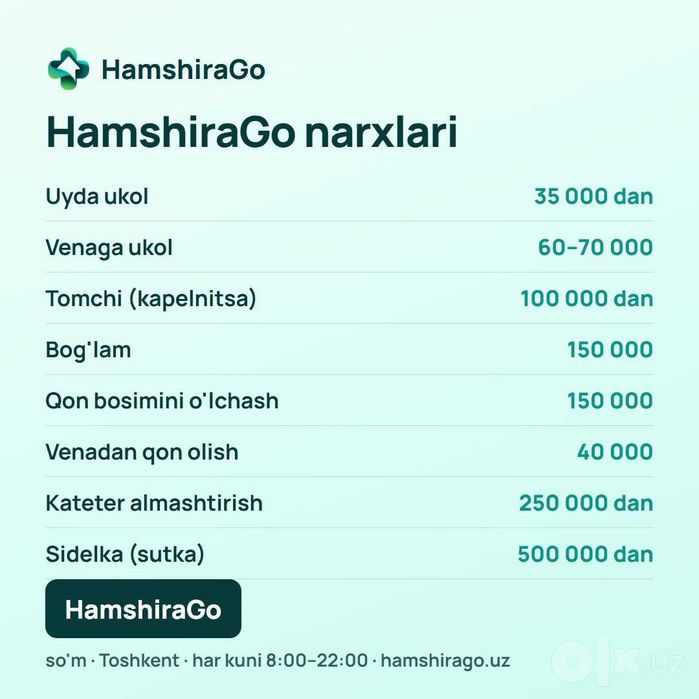 Uyga hamshira chaqirish Toshkentda — HamshiraGo, ukol 35 000 so'mdan