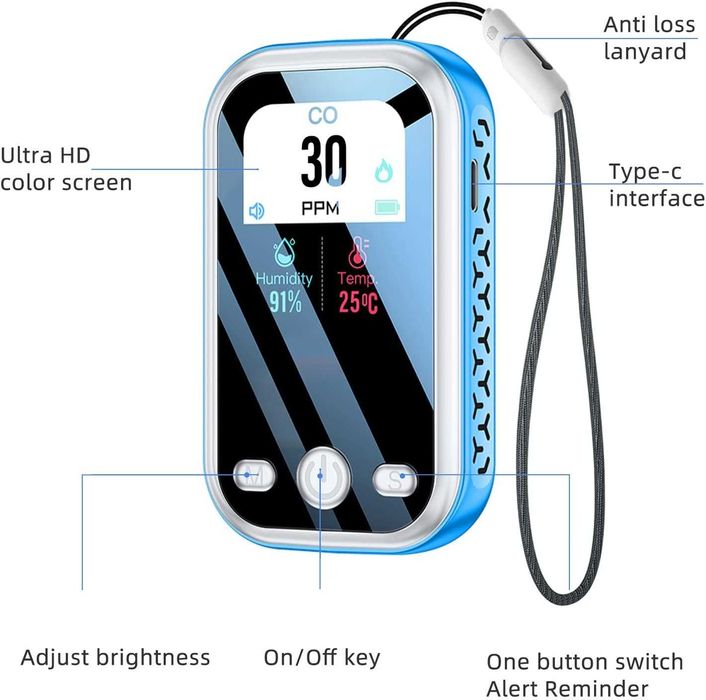 UPEVYLS Преносим детектор за въглероден оксид с голям цветен екран