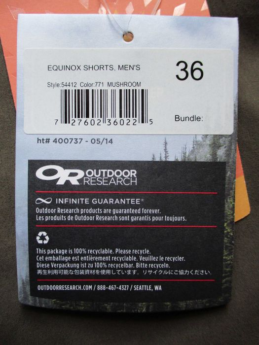 Pantaloni scurți Outdoor Research, Equinox, gri, 36'', XL/XXL, noi
