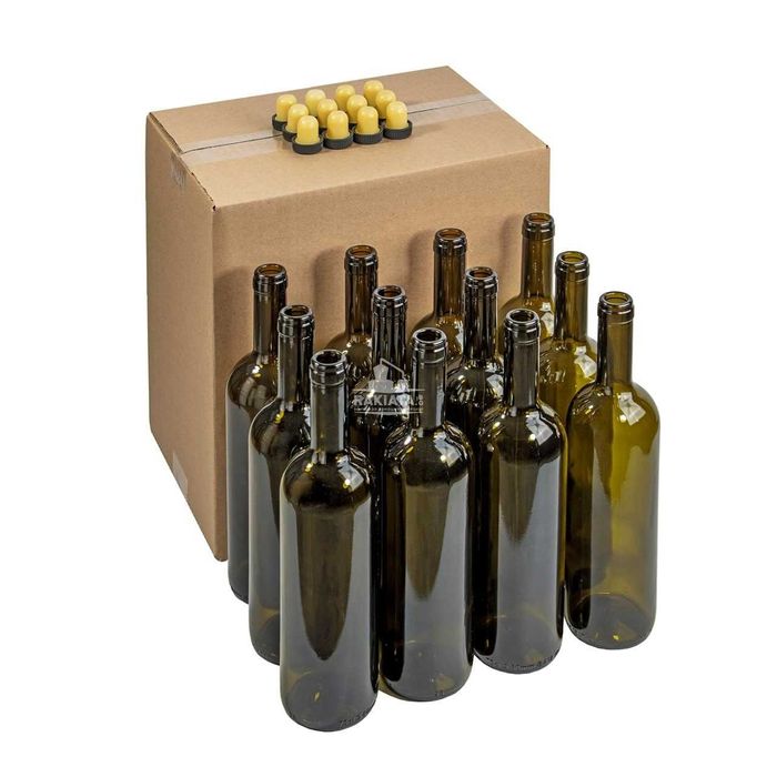 Стъклени бутилки 750 мл. тъмни за вино и ракия, 12 броя + кашон + тапи