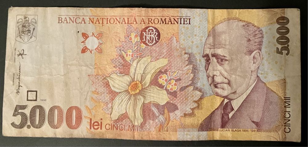Bancnota 5000 lei cu Lucian Blaga din 1998 in stare ok. 001B6209267