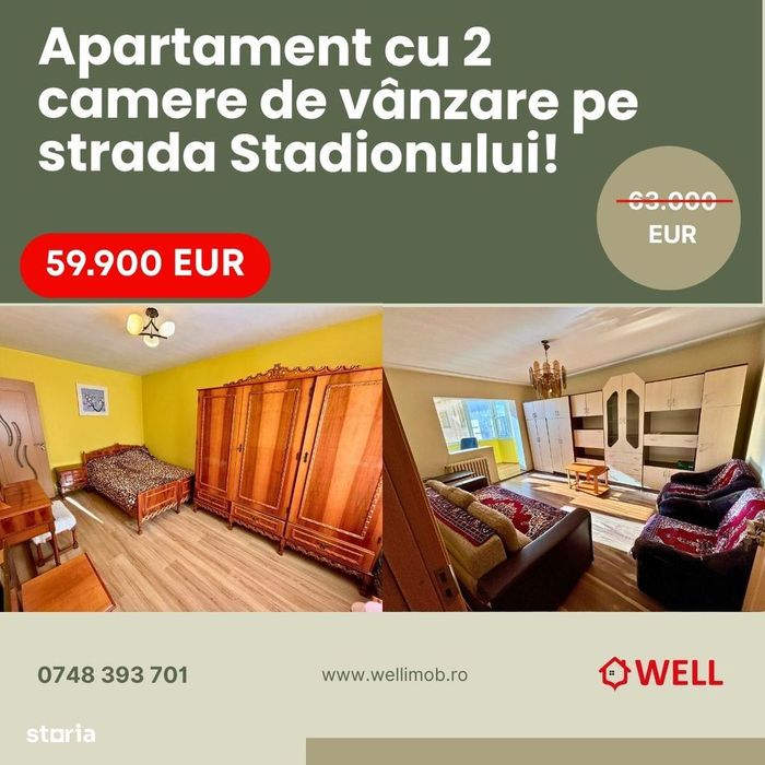 Apartament cu 2 camere de vânzare pe strada Stadionului!