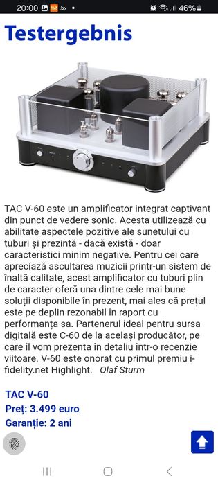 Amplificator high-end cu tuburi electronice (lampi) T.A.C. V-60 2x60W RMS