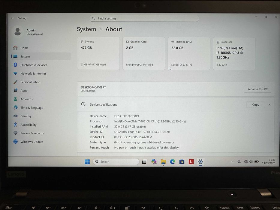 Lenovo ThinkPad P14s Gen 1 | i7-10610U | 32GB RAM | Quadro P520