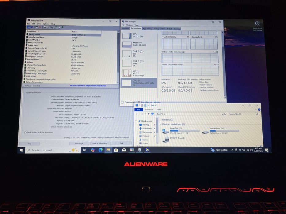 Laptop Alienware m17x r3 Gaming 17.3" FHD i7-2760qm 8GB SSD 128GB HDD 1TB Win 10 GTX 560m