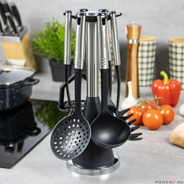 Set 6 ustensile de bucatarie, cu suport, inox-nailon, Kinghoff