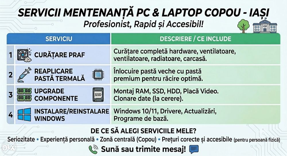Servicii Mentenanță PC - Schimb Pastă Termică, Windows, Upgrade | Iași