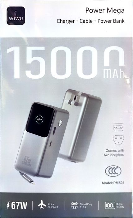 WiWU Power Mega 15000mAh 67W Power Bank + Zaryadlovchi PM501 Original