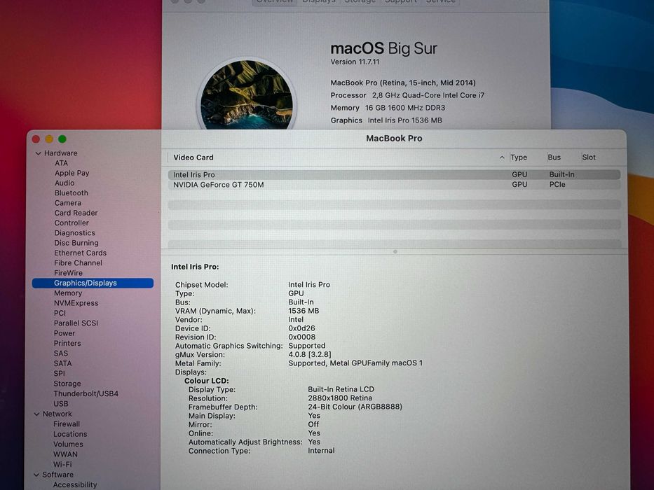 15.4' Retina Core i7 Apple MacBook Pro Mid 2014 DG 16GB RAM/512GB SSD/Nvidia GT 750M/Бат 5ч
