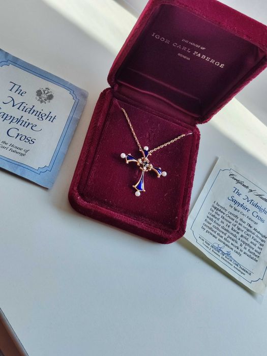 Faberge pandantiv Cruciulita Cruce Aur 14K Email Diamante Safir Perle