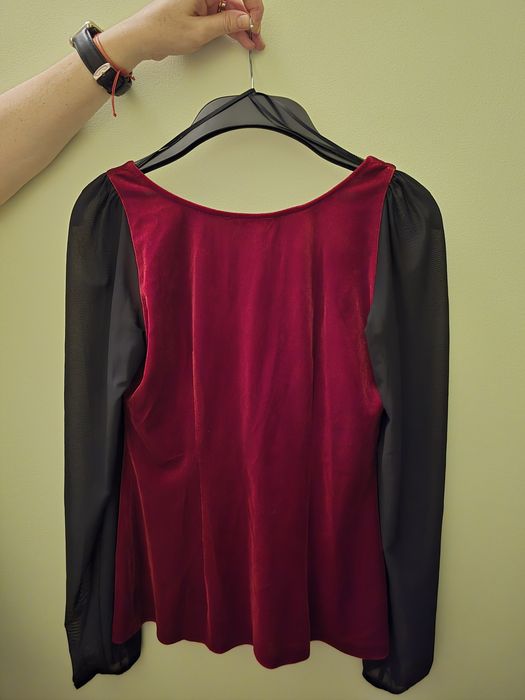 Bluza eleganta Yokko noua din catifea elastica cu maneci de tulle