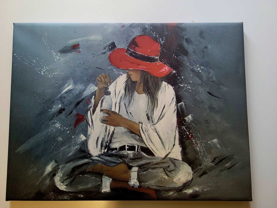 Tablou Canvas Femeie cu Palarie Rosie 60x45cm