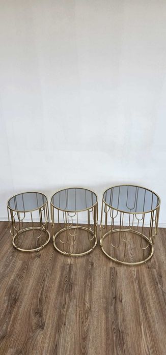 Set mese 3in1 rotund geam fumuriu cadru auriunegru -TRANSPORT GRATUIT