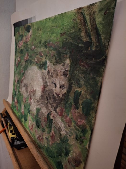 Картина – Коте на полянка, с маслени бои