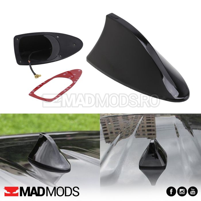 Antena scurta radio auto, Shark, Cu amplificare semnal, Negru lucios