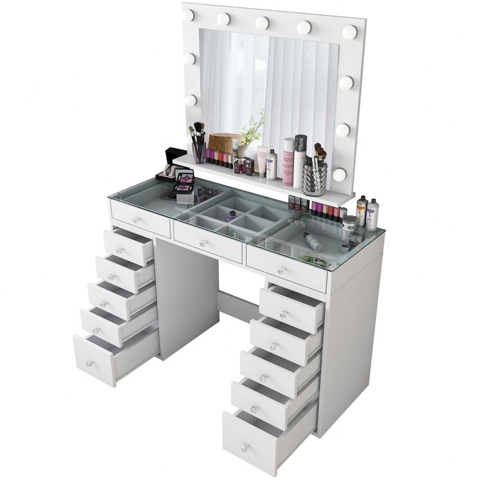 Тоалетка за гримове и бижута с осветление Puzzle-home 2789, ПДЧ, Бял