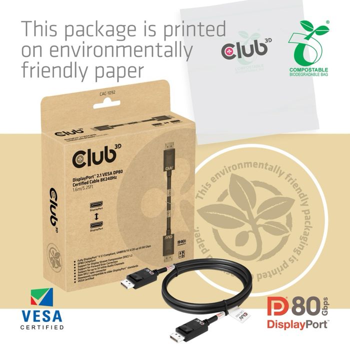 Club3D CAC-1092 DisplayPort 2.1 (Male to Male), длина 1.6 метра.