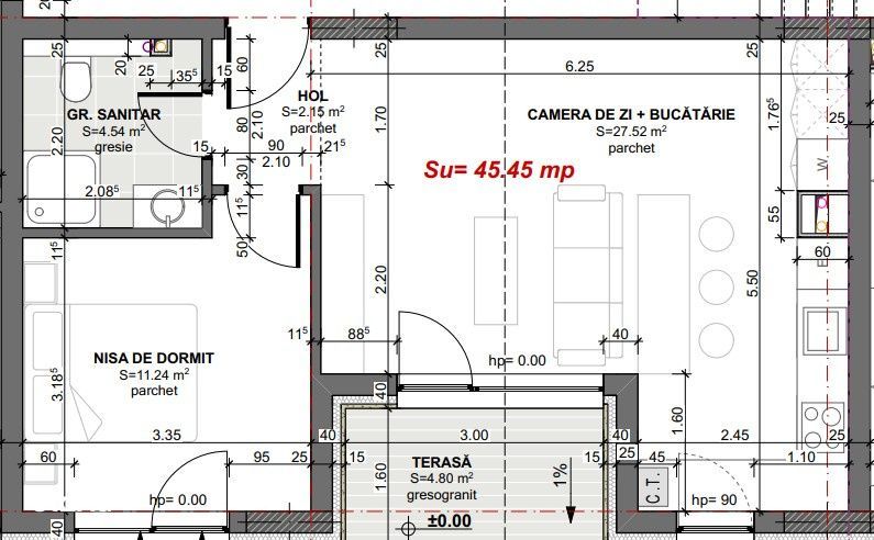 2 camere, 45mp  – partial finisat, perfect de amenajat