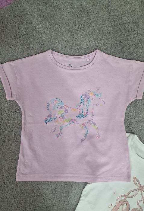 Set 3 tricouri TU fete 5–6 ani (110–116 cm) – unicorn, balerină și geantă