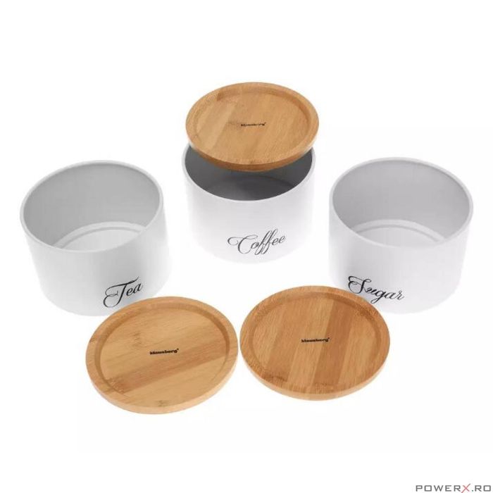 Recipiente pentru cafea, ceai, zahar, din inox-bambus, albe, Klausberg