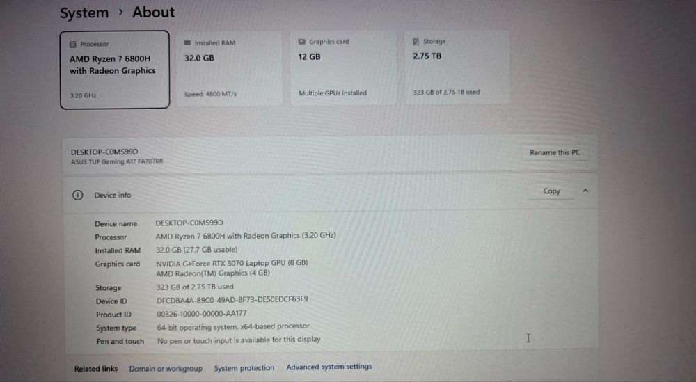 Asus TUF A17, 3070 8GB, Ryzen 7 6800H pana la 4.7 GhZ Turbo, 32GB DDR5, 3 TB SSD