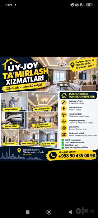 Uy remont qilish ishlari qilamiz 0 dan 100 gacha