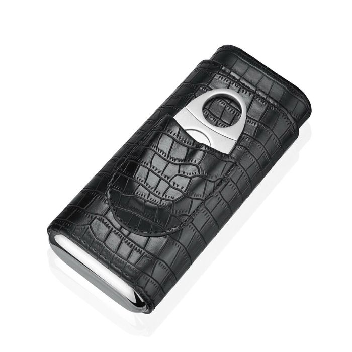 Кожен калъф за 3 пури с кедрово дърво + резачка (крокодилски ефект)