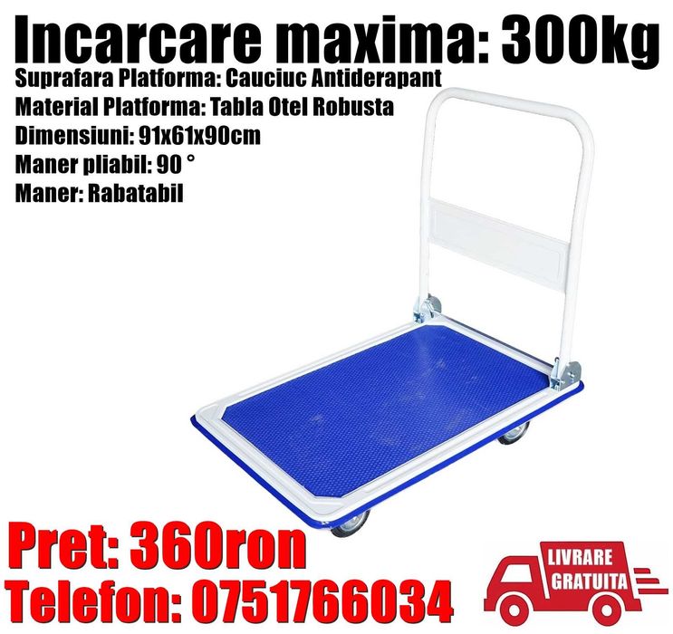 Carucior Platforma Transport Marfa Butoi Cutii 300kg LivratGRATUIT AB