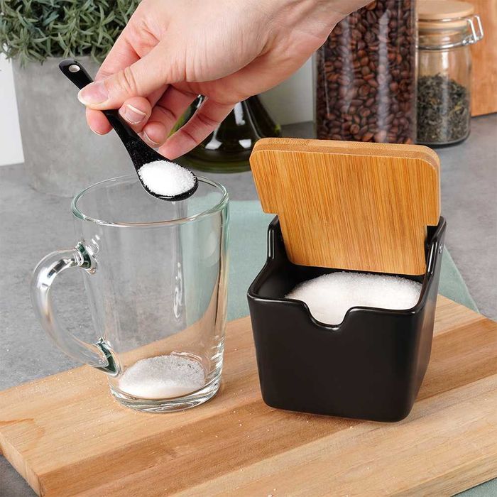 Захарница с лъжица, керамика/бамбук, черна, вместимост 250 мл