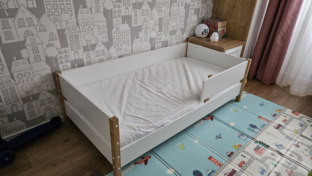Pat copii stejar și PAL 80x160 cm saltea premium cu strat cocos inclus