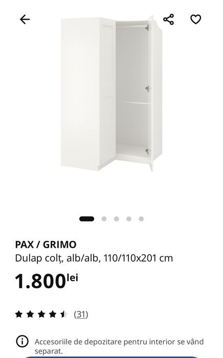 Dulap de colt IKEA Pax, alb cu 2 usi oglinda, 110x110x201 cm