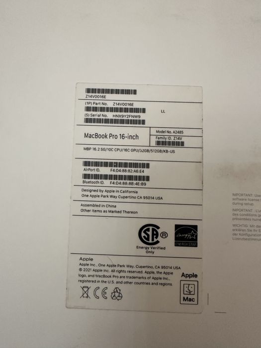 Macbook Pro 16/32/512GB M1