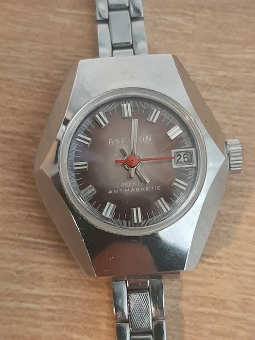 Ceas Vintage Damă Aseikon Calendar Antimagnetic, Mecanic / Manual, Brățară Metalică