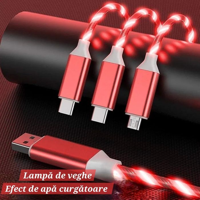 Cablu încărcare 3in1 Luminos. UsbC/IOS/Micro. Efect Valuri. Auto/Casă.