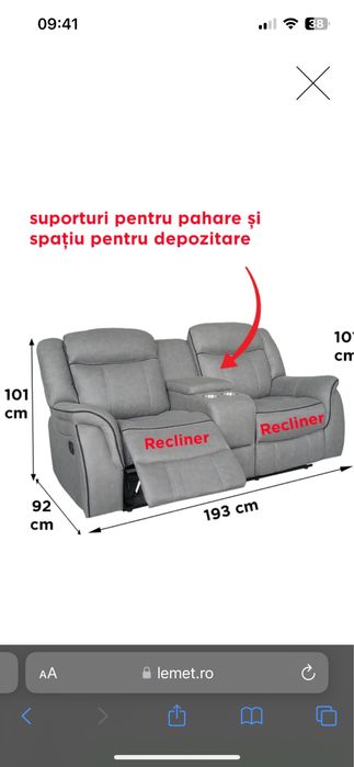 Canapea NOUĂ - 2 locuri cu recliner și consolă