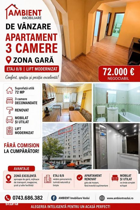 Apartament cu 3 camere, etaj 8, mobilat și utilat, zona GARĂ;