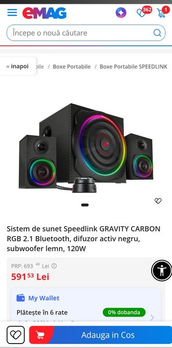 Boxe 2.1 SpeedLink Carbon RGB 60W, Bluetooth, Subwoofer activ, sateliti
