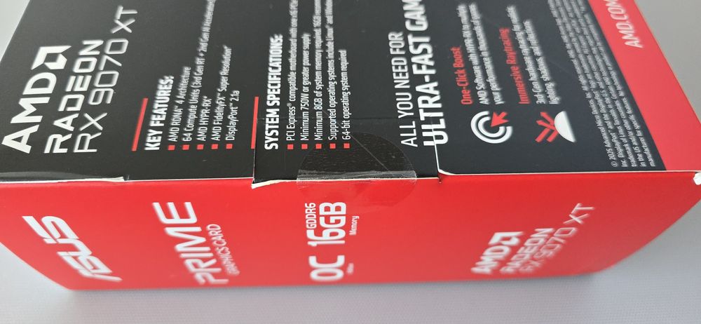 Видео карта Asus Prime RX 9070 XT, 16GB GDDR6 AMD Radeon чисто нова